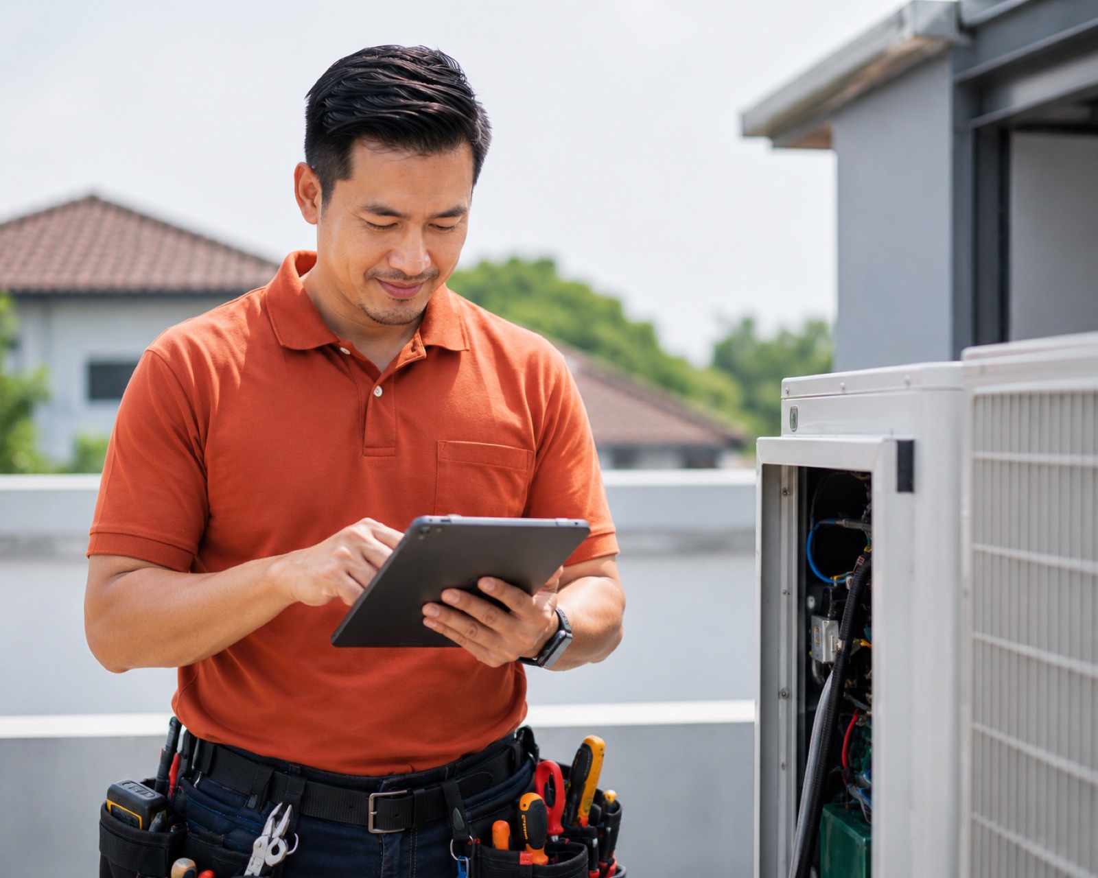 Field-service technician checking a job on a tablet beside an outdoor unit